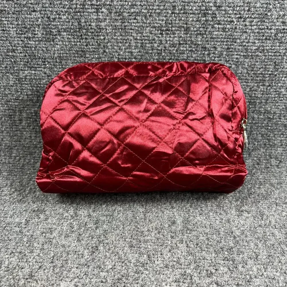 Lancome Quilted Cosmetic Makeup Bag Red Satin Zipper New
